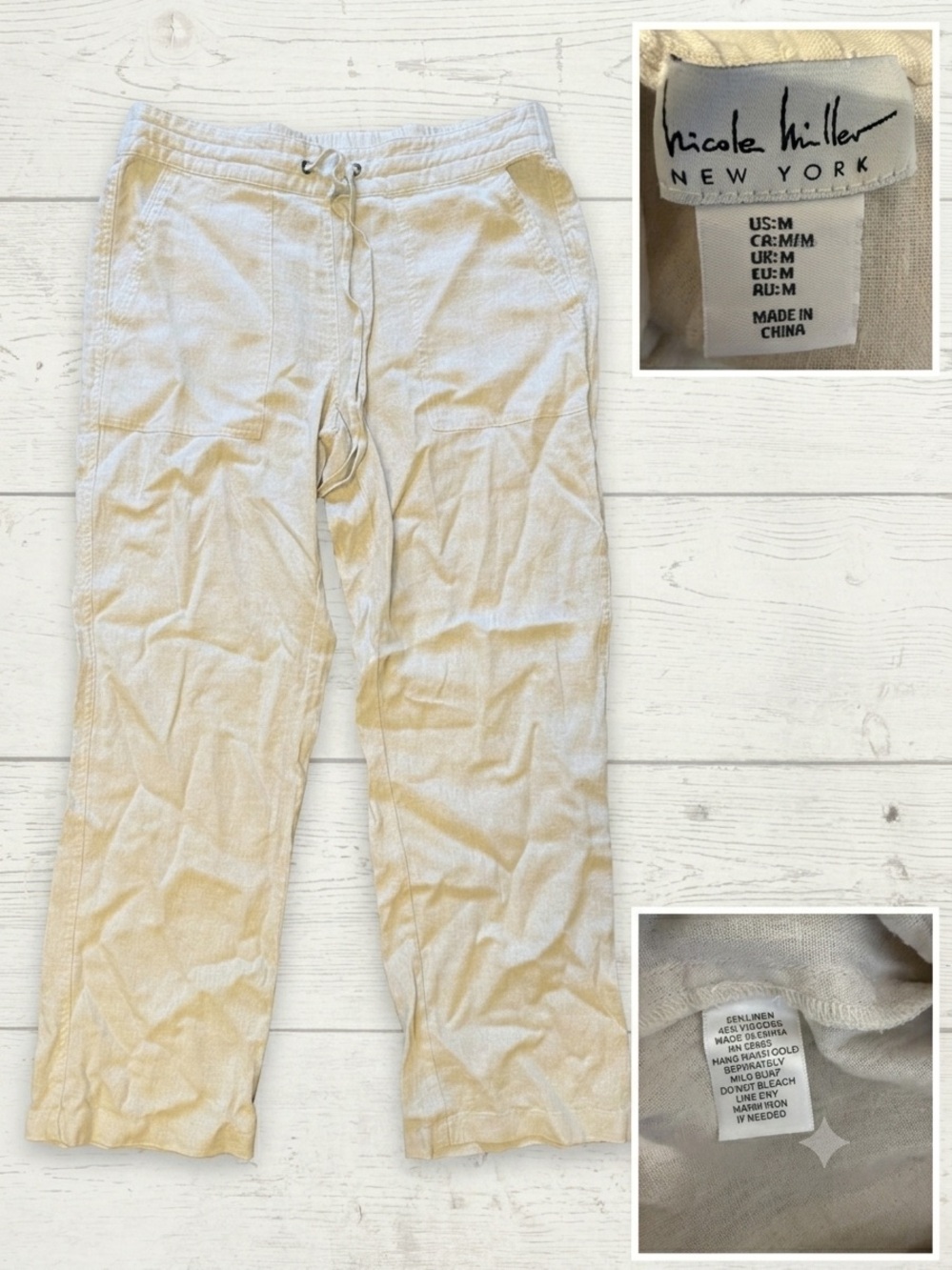 Beige/Cream Linen Drawstring Chino Pants